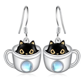 SVODEA Black Cat Earrings for Women 925 Sterling Silver Cup/Mushroom Cat/Koala/Panda/Sloth Dangle Earrings Cute Animal Drop Earrings Jewelry Gift for Women Mom Wife (Style-6-Moonstone Cup)