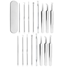 Blackhead Remover Kit with Box, Professional Stainless Steel Comedones Extractor Tool, Acne Tweezer, Pimple Popper, Blackhead Needle & Curved Tip Tool for Nose, Face, Facial Blemish Removal (16 Pcs)