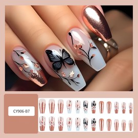 TBRZTR Gold French Tip Press on Nails Long Length Butterfly False Nails Gold Glitter Powder ans Flower Design Acrylic Stick on Nails Artificial Coffin Nails Ballet Shaped Nails Glue on Nails for Women