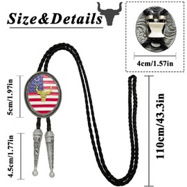 Aswitnove Western Bolo Tie Longhorn Skull Bullhead Cowboy Bola Tie Prayer Cross Necktie Handmade Leather Bolo Tie for Men, Us Flag Golden Bullhead, Large