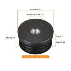 sourcing map 4Pcs Inserts for Round Tubes with M8 Thread, for 35mm/1.38" OD Round Tube, Round Black Plastic Adjustable Plug Caster Insert Chair End Caps Furniture Leg Plug