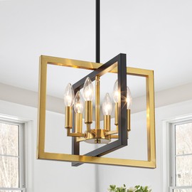 Small Black and Gold Chandelier, 6-Light Dining Room Pendant Light Fixture Geometric Metal Modern Industrial Chandelier Lighting for Farmhouse Entryway Living Room Kitchen Island Hallway Foyer