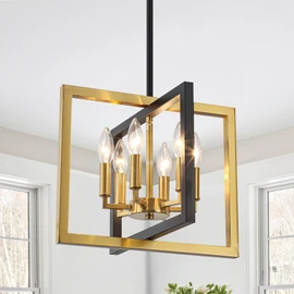 Small Black and Gold Chandelier, 6-Light Dining Room Pendant Light Fixture Geometric Metal Modern Industrial Chandelier Lighting for Farmhouse Entryway Living Room Kitchen Island Hallway Foyer
