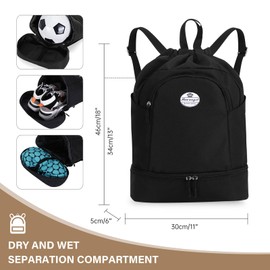 HUA ANGEL Lightweight Drawstring Backpack with Shoe Compartment, Waterproof for Sports Gym Travel Swimming Basketball Soccer, Black, Sporty