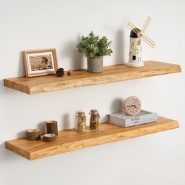 Realgulf Floating Shelves Set of 2, Solid Elm Wood Wall Shelves 32 Inch - Invisible Bracket Mount for Living Room, Bedroom, Kitchen, Bathroom - Natural