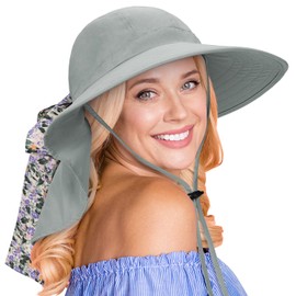 Womens Sun Hat Garden Hats Large Brim Adjustable Safari Neck Cover Hats with Floral Ribbon