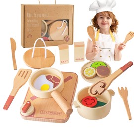 Smartwo Pot Set and Tableware for Play Kitchen, Children's Kitchen Accessories Made of Wood, Kitchen Utensils Pan Wooden Toy Set, Cooking Set for Role Play, Christmas Gift for Boys Girls from 3 Years
