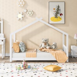 Harper & Bright Designs House Bed for Kids, Wood House Twin Platform Bed with Headboard and Footboard, Toddler House Twin Bed Frame Montessori Crib. No Box Spring Needed (Twin, White)