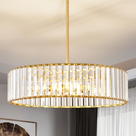 YURNYQ Gold Crystal Chandelier for Dining Room, 6-Light Modern Semi Flush Mount Chandelier Lighting Fixtures, Round Kitchen Hanging Drum Pendant Lights Ceiling for Living Room Bedroom Foyer, 19.6 Inch
