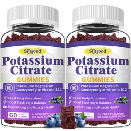 2 Pack Potassium Citrate Gummies, Potassium Supplement for Muscle Health, Leg Cramp Relief & Electrolyte Balance, Vegan, Non-GMO, Gluten-Free, Blueberry Flavor, 120 Count