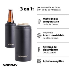 NORDAY | Portalatas de Acero Inoxidable para Latas y Botellas 12oz - 355ml | Negro - Vaso Termico Enfriador de Cerveza | Mantiene la Temperatura hasta 24 hs | Regalos Para Mujer - Regalos para Hombre