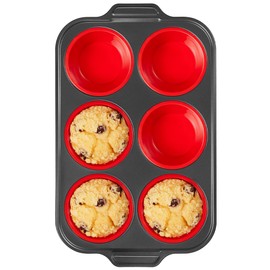 BRONYPRO Jumbo Silicone Muffin Pan with Metal Frame, 3.5" Large Muffin Tins, Non-Toxic Food Grade Silicone, Non-Stick for Egg Bites & Big Cupcakes, Oven Safe, Red