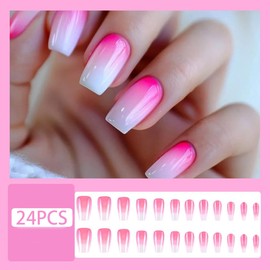 Medium Coffin Press on Nails Cute Pink Gradient Fake Nails with Design Glossy Acrylic Stick on Nails Pink White False Nails French Tip Glue on Nails Reusable Ballet Nails for Women Girls 24Pcs