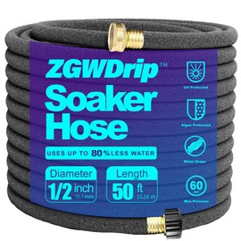 ZGWDrip Soaker Hose 50 FT,1/2 Inch Soaker Garden Hose with 3/4" Solid Brass Connectors Save 80% Water Drip Irrigation Kit for Lawn/Yard Landscaping beds