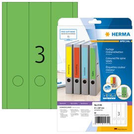 HERMA HERMA 5139 Ordnerrücken Etiketten lang breit, 20 Blatt, 61 x 297 mm, 3 pro A4 Bogen, 60 Stück, selbstklebend, bedruckbar, blickdicht, blanko Papier Ordneretiketten Rückenschilder Aufkleber, grün