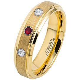 0.21ct Ruby and White Diamond 3-Stone Tungsten Ring - July Birthstone - 6MM Yellow Gold Ion-plated Flat Brushed Finish Center Stepped Edge Comfort Fit Unisex Wedding Anniversary Band -9