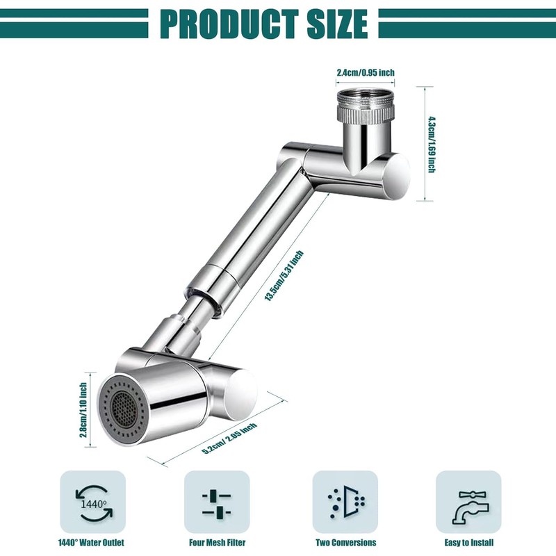 Universal Retractable Faucet Aerator with 1440° Rotating Robotic Arm, Dual