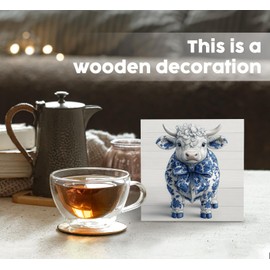 Nitelat Blue and White Chinoiserie Cow Wooden Signs, Grand Millenial Bow Blue Cow Floral Home Decor Signs, Chinoiserie Porcelain Desk Decorations, Farmhouse Animal Office Kitchen Bathroom Decor