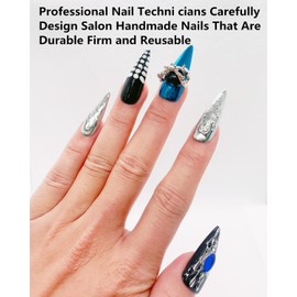 CAMILCY Press on Nails Handmade Nails Luxury Reusable Fake Nails For Girls long Almond Armor Tip Black Blue Diamonds Hand Painted Salon Loveful Design Acrylic GelUV Finished 3D Nails 10PCS (A047, L)