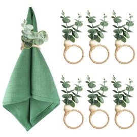 Napkin Rings, Pack of 6 Eucalyptus Napkin Rings, Rustic Napkin Rings, Farmhouse Style, Boho Napkin Holder, Wooden Beads for Thanksgiving, Easter, Christmas, Wedding Table Decoration