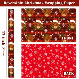 WRAPAHOLIC Reversible Highland Cow Christmas Wrapping Paper - Mini Roll - 17 Inch x 33 Feet - Cow and Snowflake Wrapping Paper for Xmas Holiday, Party Celebration