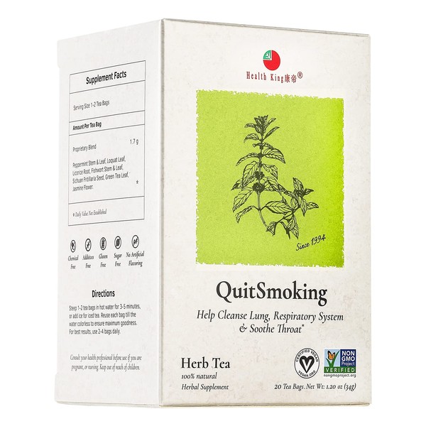 QuitSmoking Herb Tea by Health King - Help Cleanse Lung & Soothe Throat - (1 pack, 20 tea bags, with Peppermint Stem & Leaf, Loquat Leaf, Licorice Root, Fishwort Stem & Leaf, Sichuan Fritillaria Seed, Green Tea, Jasmine Flower)