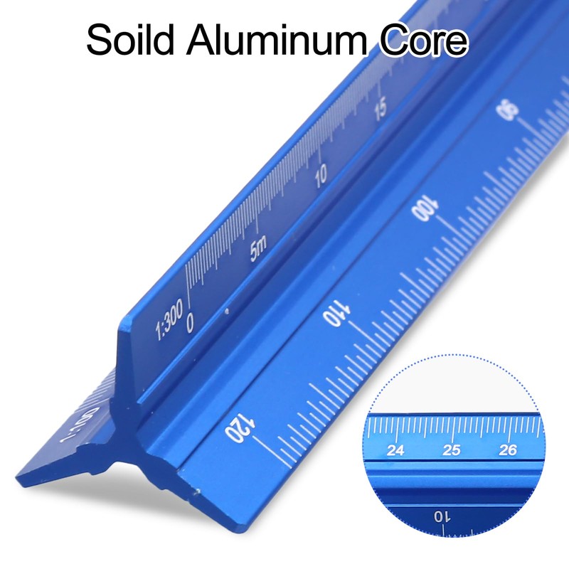 Kyuionty Metric Engineer Scale Ruler 12 Inch, Aluminum Laser-Etched Triangular
