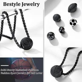 Black Basketball Necklace for Men Boy Black Metal Plated Stainless Steel Ball Pendant Charm Sports Necklace for Athlete Sport Fans, with 22inch+2inch Gold Plated Spiga Chain