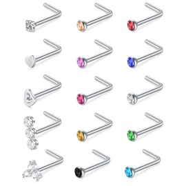 incaton 22g Nose Studs Silver L Shaped Nose PiercingsStainless Steel Nose Piercings with Colorful CZ Silver