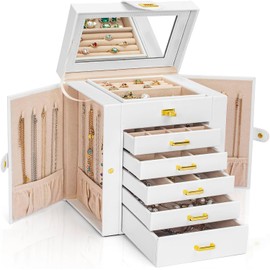 AKOZLIN Functional 6-Tier Jewelry Box Organizer with 5 Drawers Leather Jewelry Storage Case for Women Girls Ring Necklace Earring Bracelet Holder Organizer with Mirror White