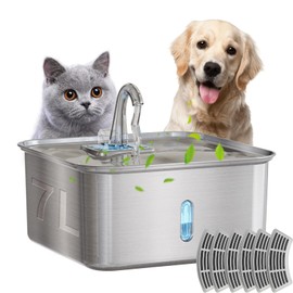Dog Water Fountain Stainless Steel: 7L/1.8Gal Pet Automatic Drinking Dispenser for Large Dog & Multi Cats, Indoor Cat Watering Fountains with 6 Filters Included