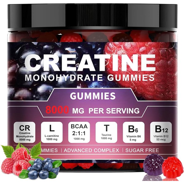 Creatine Monohydrate Gummies, 8000mg Complex, 120 Count, Sugar-Free with BCAA,
