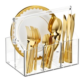 Acrylic Cutlery Basket with 4 Compartments - Transparent Cutlery Holder Plastic for Kitchen Buffet Party - Organiser Cutlery Basket with Handle for Plates Cutlery Napkins