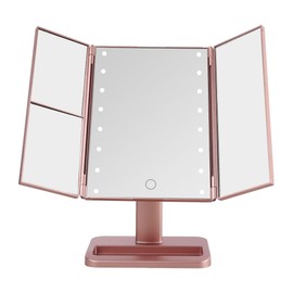 MELANNCO Rose Gold Tri Fold LED Vanity Mirror, 3 Magnifications and Dimmable LED Lights, Lighted Makeup Mirror, Touch Control