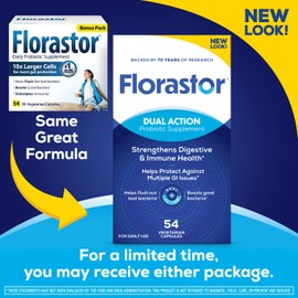 Florastor Probiotics for Digestive and Immune Health, 54 Capsules, Probiotics for Women & Men, Helps Flush Out Bad Bacteria, Boosts The Good with Our Strain Saccharomyces Boulardii, Packaging May Vary