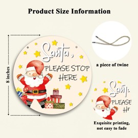 Christmas Hanging Door Wall Decor Wooden Plaque, Santa Please Stop Here Sign, Santa Claus Pattern, 8 Inch Round Merry Christmas Office House Decor Hanging Art Sign, Xmas Theme Party Decor Supplies -20
