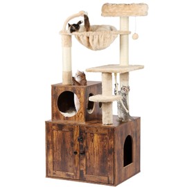 Timberer Cat Tree with Litter Box Enclosure, 2-in-1 Cat Tower for Indoor Cats, Large Cat Furniture, Wood Cat Condo with Basket, Scratching Posts, Pompoms, Rustic Brown