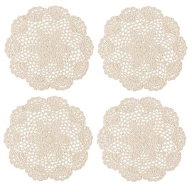 Aernajialin 4 PCS Vintage Crochet Doilies 8 Inches Round Cotton Coasters Handmade Lace Placemats Crafts Tables Food Bulk Doily Cloth Set for Wedding Birthday (Beige)