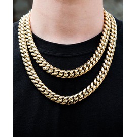 GOLD IDEA JEWELRY14k Gold Plated Stainless Steel Thick Miami Cuban Link Chain with Lab Diamond Clasp Men's Hip Hop Necklace or Bracelet (14k-gold-plated(16mm wide), 18)