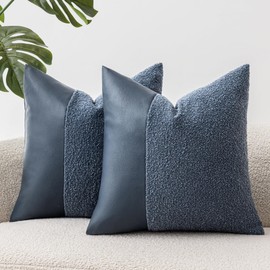 SINYASAN Set of 2 Fluffy Boucle Pillow Covers 20"x20", Demin Blue Textured Throw Pillow Covers with Faux Leather Accents, Boho Decorative Pillow Cases for Couch, Bed, or Farmhouse Home Decor