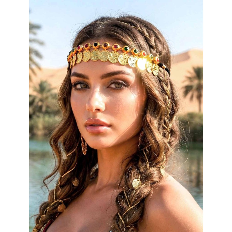Yokawe Gold Coin Elastic Headbands Jewelry,Belly Dance Headpieces,Forehead Carnival Rave