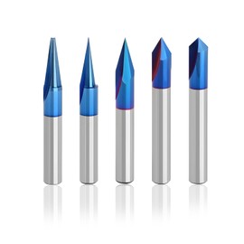 SYWAN CNC Wood Carving Router Bits Set of 5, 1/4 Shank, 15°/20°/30°/60°/90° Engraving Bits 2 Flutes Straight CNC V-bit with Nano Blue Coating CNC Milling Cutter Engraving Router