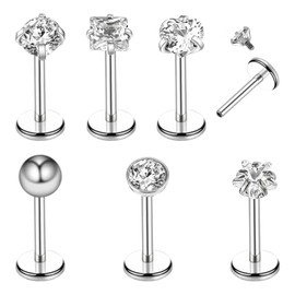 "6Pcs Silver Nose Stud,Stainless Steel Internally Threaded CZ Nose Studs Rhinestone Lip Rings,Stainless Steel Nose Stud Flat Back Stud Earrings for Men And Women(8mm)