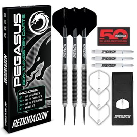 Red Dragon PEGASUS 80% TUNGSTEN STEEL DARTS SET - 25 GRAM - Black Stems, Black Winmau Flights Wallet