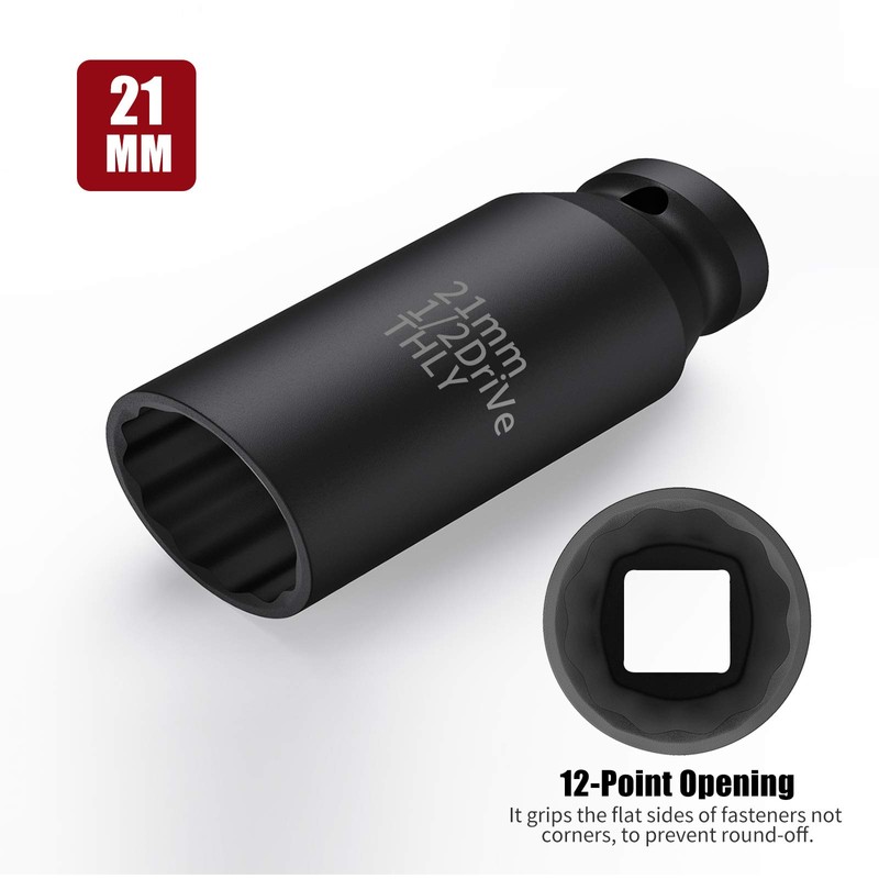 21mm Socket 1/2 Drive, 1/2 Inch Impact Metric 12-Point Deep