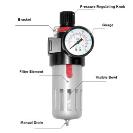 Beduan BFR2000 1/4" Air Compressor Filter Regulator Combo,Manual Drain with Bracket, Gauge