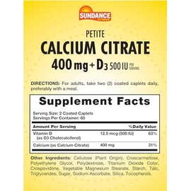 Sundance Sundance Calcium Citrate 400mg with Vitamin D3 | 120 Caplets | Vegetarian, Non-GMO, and Gluten Free Supplement