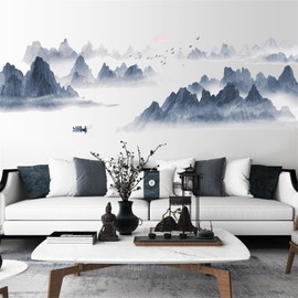 SMAOSTORE Wall Sticker, Chinese Style, Sunset, Water Painting, Landscape, Birds, Boat, Landscape, Stylish, Monotone, Living Room, Bedroom, Room, Sticker, Background, Waterproof, Removable Wall