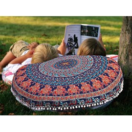 AVA Collections Round 32" Elephant Mandala Large Floor Pillow Cover Meditation Cushion Hippie Boho Cushions Colourful Decorative Bohemian Handmade COVER ONLY (Multicolour- Elephant)