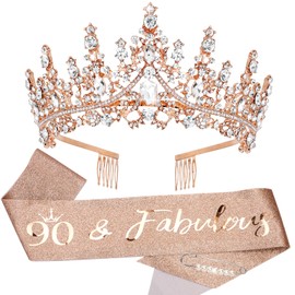 TOBATOBA 90th Birthday Tiaras and Sashes - Fabulous Rose Gold Decorations for Women